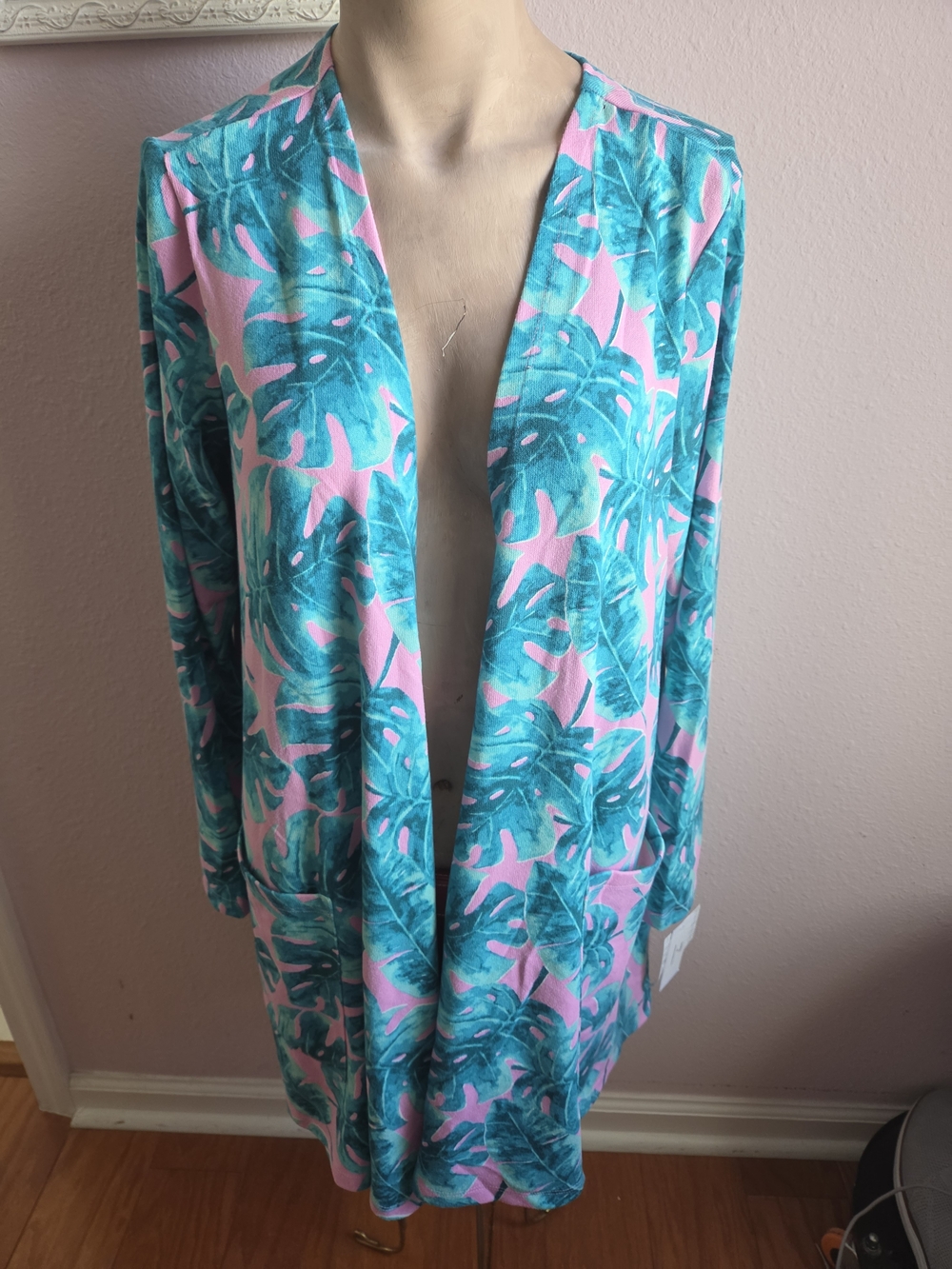 LuLaRoe Open Front Cardigan in Pink & Teal Tropical Leaf